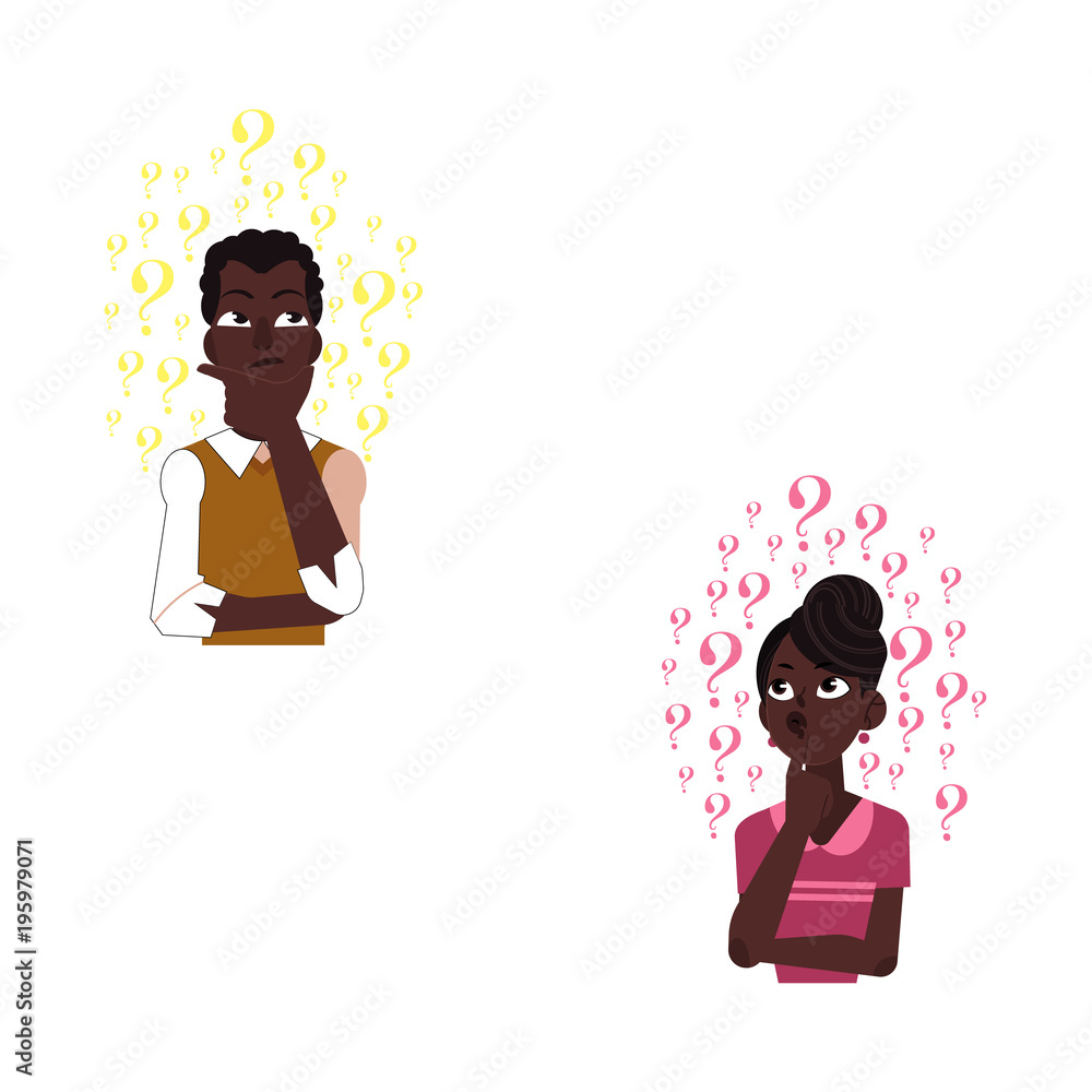 Vector cartoon adult african black man, beautiful woman standing in  thoughtful pose holding his chin thinking with questions above head  portrait . Isolated illustration on a white background Stock Vector | Adobe  Stock