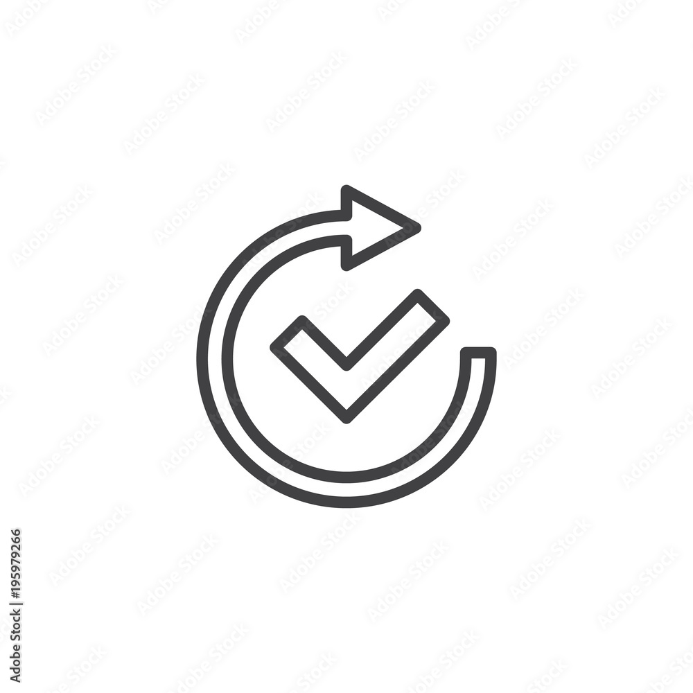 Check mark and rotate arrow outline icon. linear style sign for mobile concept and web design. Confirm approved simple line vector icon. Symbol, logo illustration. Pixel perfect vector graphics Check mark and rotate arrow outline icon. linear style sign for mobile concept and web design. Confirm approved simple line vector icon. Symbol, logo illustration. Pixel perfect vector graphics