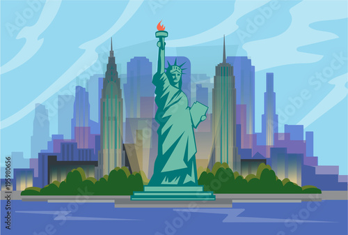 The landscape of skyscrapers of New York City with the statue of liberty. Vector flat illustration .