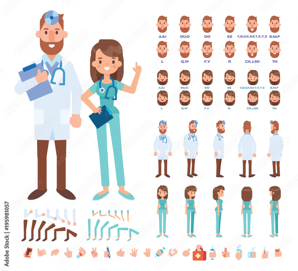 Front, side, back view animated character. Woman and man doctors constructor with various views, hairstyles, gestures, lip sync, poses. Cartoon style, flat vector illustration.