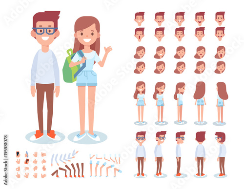 Front, side, back, 3/4 view animated characters. Boy and girl characters creation set with various views, lip sync, face emotions, poses and gestures. Cartoon style, flat vector illustration.