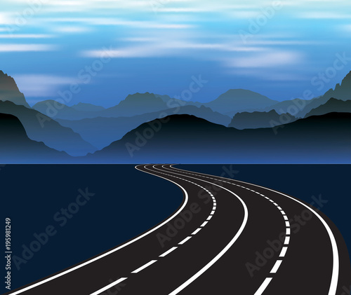 Morning foggy landscape with mountain peaks. Road to smoky mountains. Vector illustration.