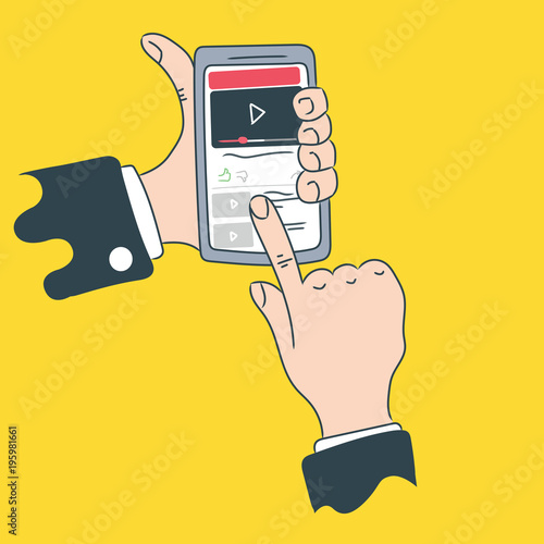 Hands holding a phone with a movie application. Graphic set.
Modern, drawn vector illustrations for use on websites, banners and leaflets.