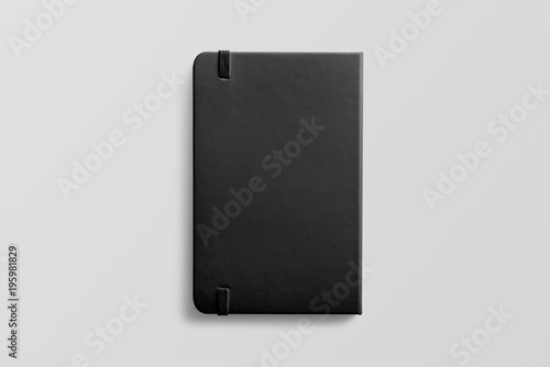 Photorealistic black leather notebook mockup on light grey background, backside view. 