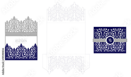 Wedding elegant invitation card packaging template. Mockup for laser cutting. Vector royal envelope. Classic navy blue isolated on a background. Decorative damask invite cut out. Lace for princess 