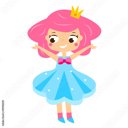 Cute princess smiling. Pink hair Girl in queen costume. Cartoon style vector illustration
