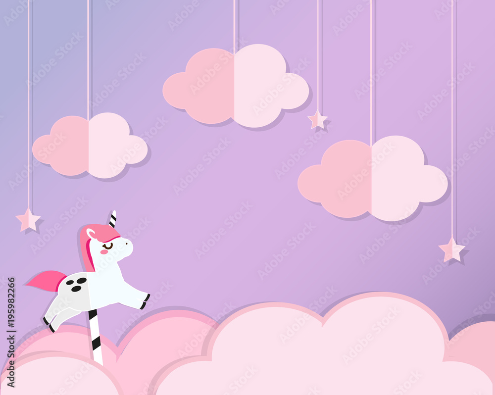 Unicorn on pink clouds in violet heaven. Background in paper cut, paper craft style for kids and nursery design, invitations, banners Unicorn on pink clouds in violet heaven. Background in paper cut, paper craft style for kids and nursery design, invitations, banners