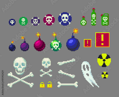 Pixel art danger icons set.