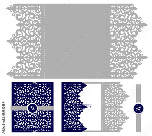 Wedding elegant invitation card packaging template. Mockup for laser cutting. Vector royal envelope. Classic navy blue isolated on a background. Decorative damask invite cut out. Lace for queen 
