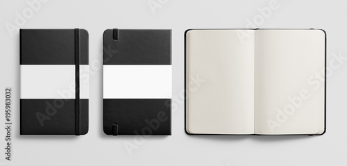 Photorealistic black leather notebook mockup on light grey background, front, rear and opened view with label.