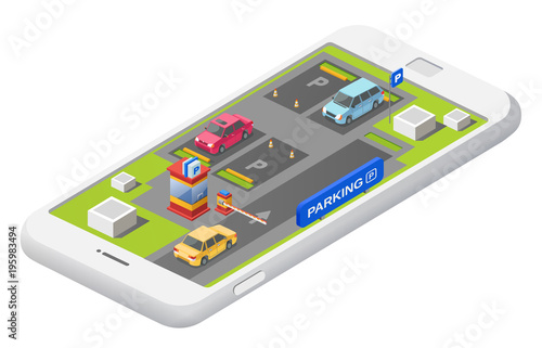 Vector smart parking concept with parking lot with cars vehicle carpark map. Isolated illustration with city urban landscape, phone navigation application advertising design template