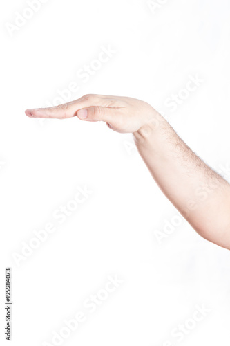 Hand gesturing level/ size, on white background.