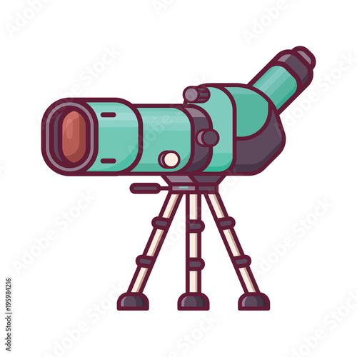 Birdwatching monocular in line art. Travel spotting scope on tripod icon. Birding telescope for watching birds and wildlife in flat design.