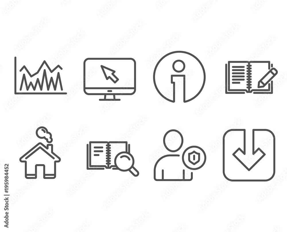 Set of Investment, Internet and Feedback icons. Security, Search book and Load document signs. Economic statistics, Monitor with cursor, Book with pencil. Vector Set of Investment, Internet and Feedback icons. Security, Search book and Load document signs. Economic statistics, Monitor with cursor, Book with pencil. Vector