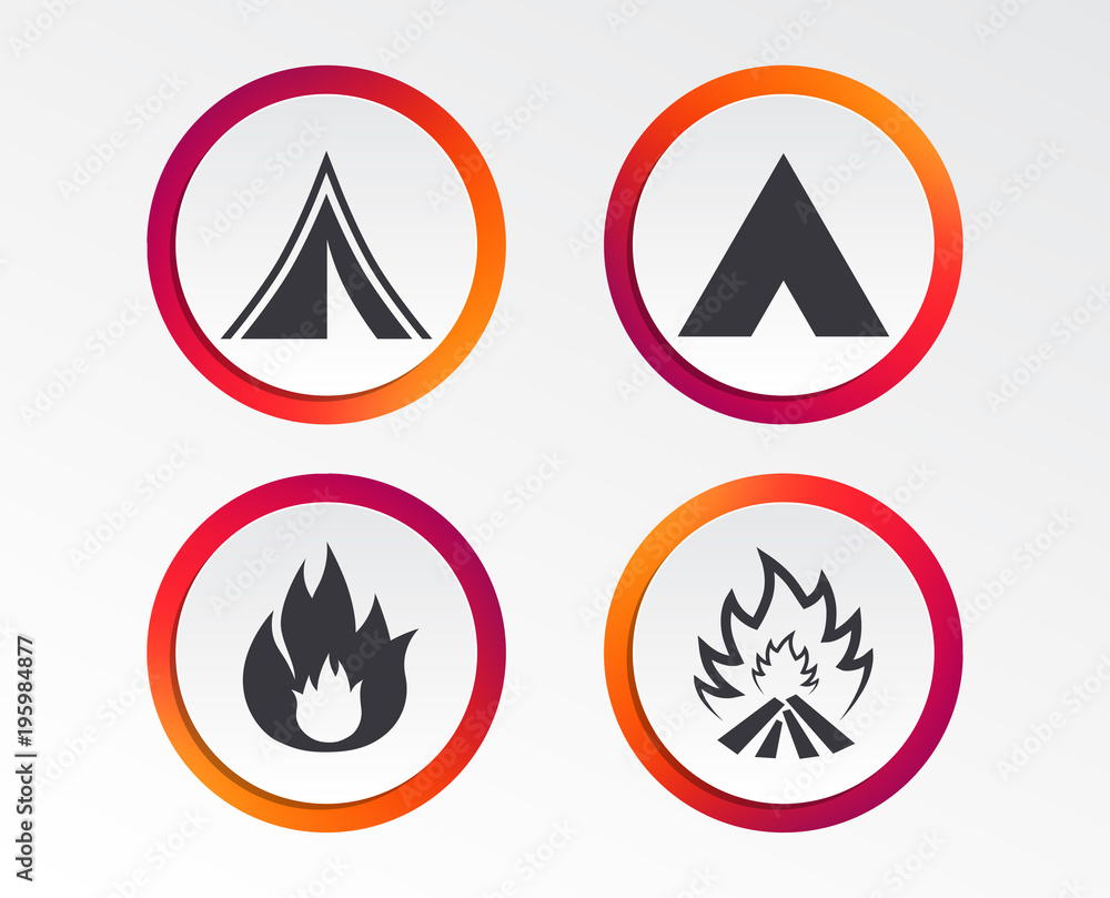 Tourist camping tent icons. Fire flame sign symbols. Infographic design buttons. Circle templates. Vector Tourist camping tent icons. Fire flame sign symbols. Infographic design buttons. Circle templates. Vector