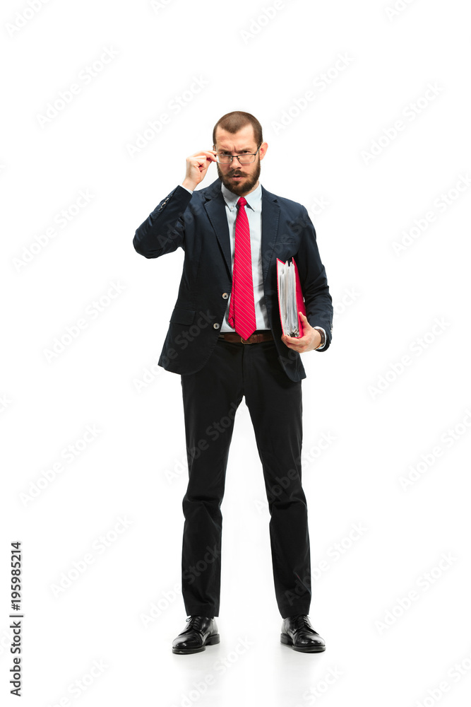 Full body portrait of businessman with folder on white Full body portrait of businessman with folder on white