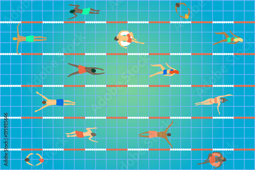 Swimming pool top view. Group of people of different age, gender and nationalities swimming in sport center.  