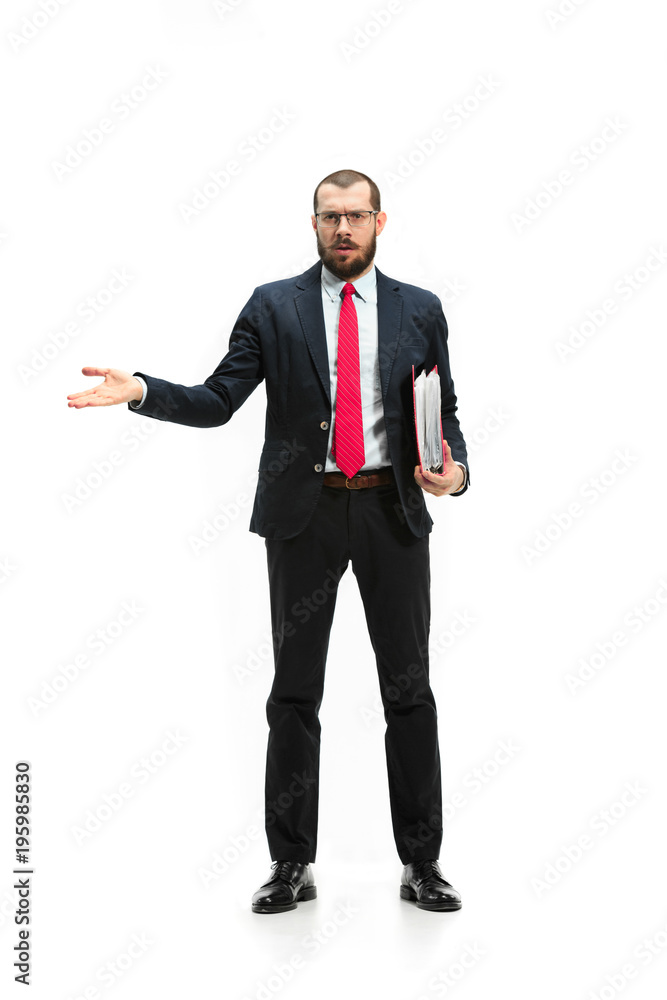 Full body portrait of businessman with folder on white Full body portrait of businessman with folder on white