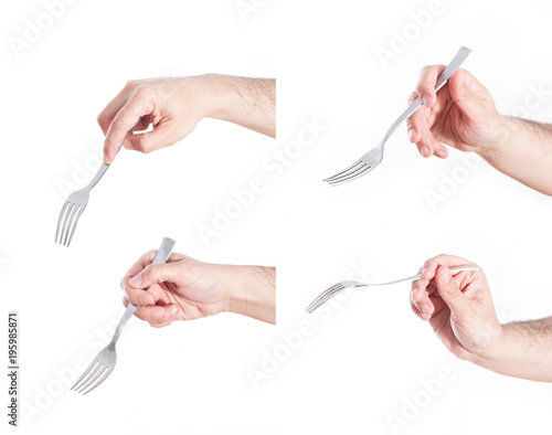 Hand holding fork, on white background.