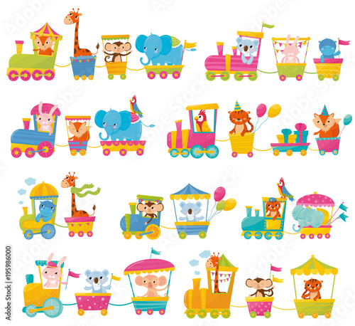 Cartoon set with different animals on trains. Fox, giraffe, monkey, elephant, koala, bunny, tiger, behemoth, parrot. Flat vector elements for postcard, book or print