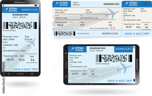 Mobile phone with electronic boarding pass airline ticket and paper boarding pass ticket. Concept of modern travel or journey. Vector illustration in blue pastel colors