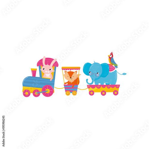 Cute animals riding on train. Cartoon pink bunny, orange fox, big blue elephant and colorful parrot. Zoo theme. Flat vector design for children book or postcard