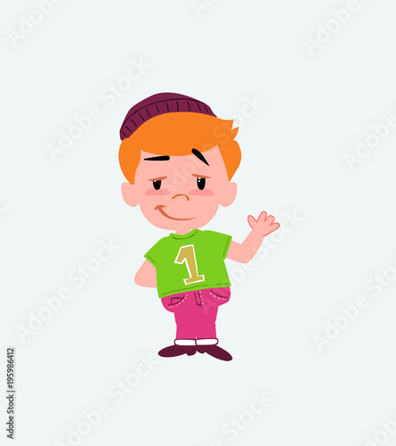 Hipster boy waving with a dreamy expression.