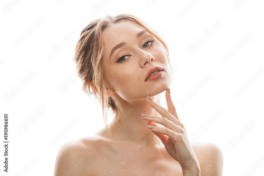 Calm beautiful brunette woman looking camera isolated