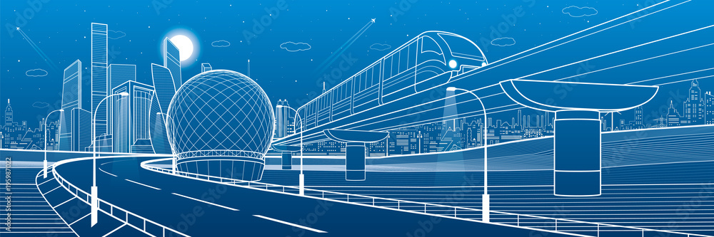Fototapeta premium Monorail railway and illuminated highway. Transportation urban illustration. Skyline modern city at background. Business buildings. Night town. White lines on blue background. Vector design art