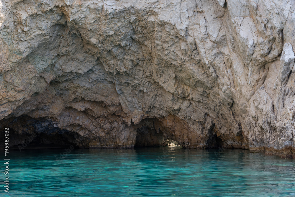 Marathonisi cave and beach on Turtle island (Marathonisi), Greece, south of the island of Zakynthos, Greece.