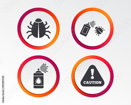 Bug disinfection icons. Caution attention symbol. Insect fumigation spray sign. Infographic design buttons. Circle templates. Vector