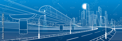 Monorail railway and illuminated highway. Transportation urban illustration. Skyline modern city at background. Business buildings. Night town. White lines on blue background. Vector design art