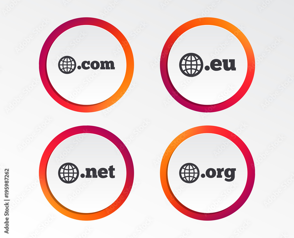 Top-level internet domain icons. Com, Eu, Net and Org symbols with globe. Unique DNS names. Infographic design buttons. Circle templates. Vector Top-level internet domain icons. Com, Eu, Net and Org symbols with globe. Unique DNS names. Infographic design buttons. Circle templates. Vector