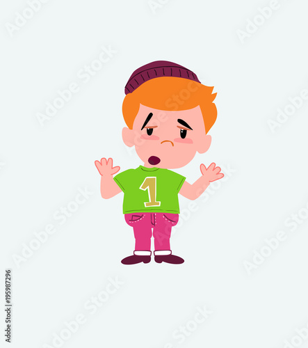 Hipster boy makes a gesture of tired resignation.