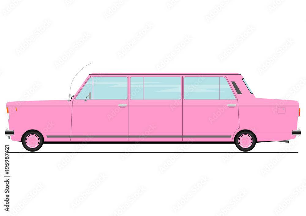 Pink cartoon stretch limo. Limousine side view. Flat vector.