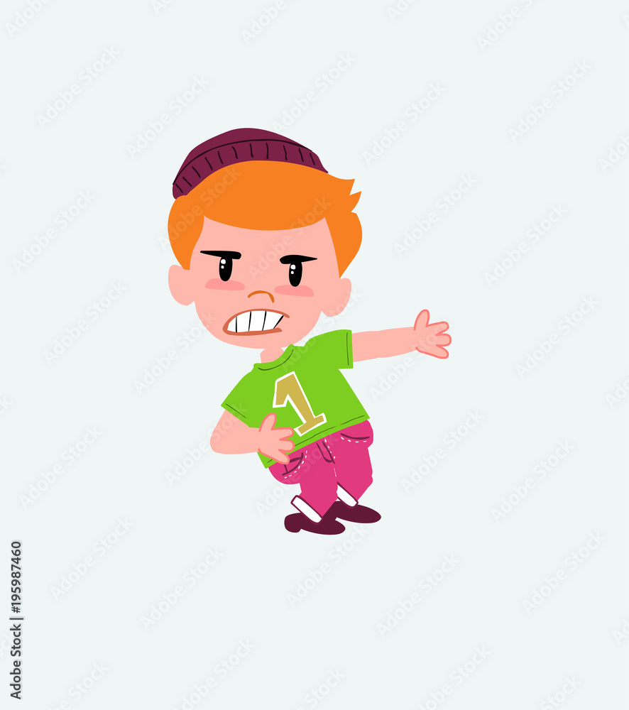 Hipster boy shows very angry something to his left. Hipster boy shows very angry something to his left.