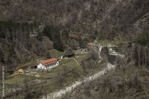   Aerial view of the Visina monastery on April 10, 2015 in  Bumbesti-Jiu. photo