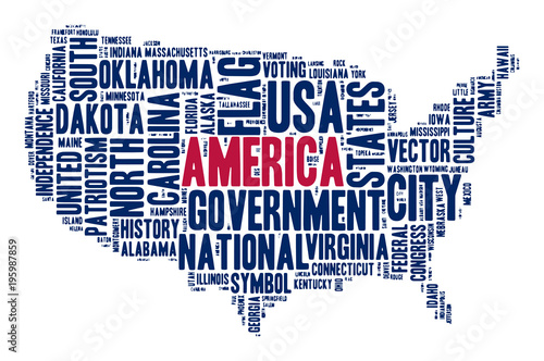 United States of America. Cloud of words in contour of America.  Word of various sizes on the topic of government, politics, history, and other American symbols.