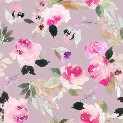 Seamless summer pattern with watercolor flowers handmade.