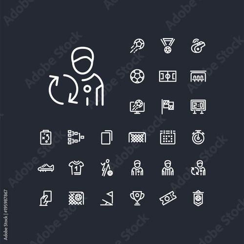 Substitute player icon in set on the black background. Soccer / football linear icons to use in web and mobile app.