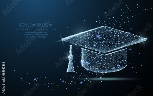 Graduate cap. Polygonal wireframe mesh looks like constellation. Education, university, success illustration or background