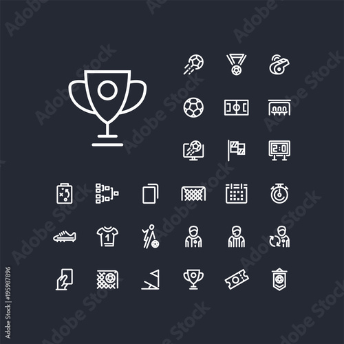 Cup icon in set on the black background. Soccer / football linear icons to use in web and mobile app.