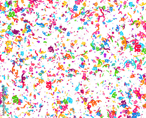 Carnaval or Festival Confetti. Colorful confetti pieces. Celebration party or Holiday background. Flying colorful glitter particles. Decoration pattern. Vector