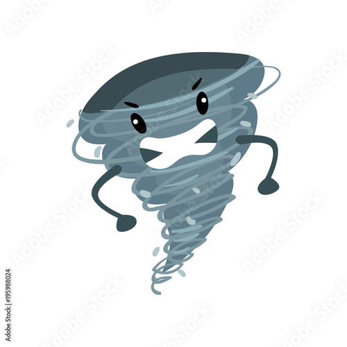 Angry hurricane character. Gray tornado with little hands and mad face. Cartoon weather emoji. Flat vector element for mobile meteorology app or sticker