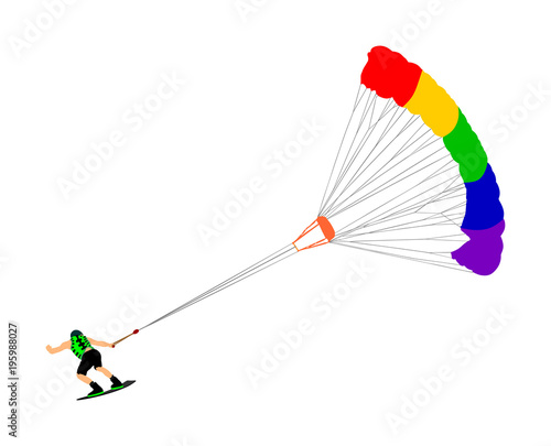Man riding kiteboard vector. Extreme water sport kiteboarding with parachute. Kite surfer on waves. Kite surfing on beach, enjoying in summer holiday time. 