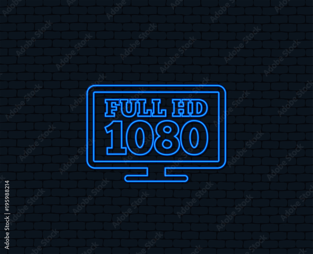Neon light. Full hd widescreen tv sign icon. 1080p symbol. Glowing
