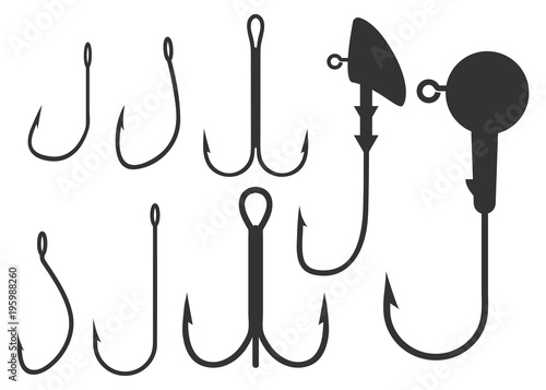     Fishing hooks and jig heads set. Vector illustrations isolated on white background. Collection of equipment for rod or spinning angling. Different shapes and sizes of fishhooks.