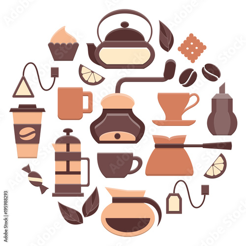 Coffee and tea icons set. Colored web elements. Flat style vector illustration. EPS10