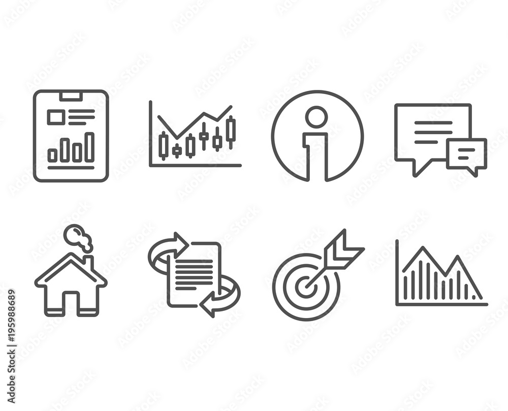 Set of Financial diagram, Report document and Target icons. Marketing, Comment and Investment graph signs. Candlestick chart, Page with charts, Targeting. Article, Talk bubbles, Investment infochart Set of Financial diagram, Report document and Target icons. Marketing, Comment and Investment graph signs. Candlestick chart, Page with charts, Targeting. Article, Talk bubbles, Investment infochart