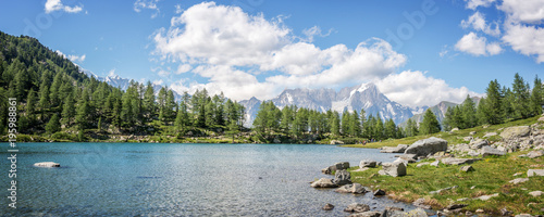 Arpy lake, Monte Bianco (Mont Blanc) in the background, Gran Paradiso National park, Aosta Valley in the Alps, Italy
